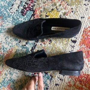 Karl lagerfeld Paris black suede floral slip on loafer flats size 6m